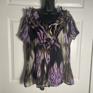 East 5th Ruffle Collar Button Up Shirt Women XL Brown Purple Geometric Fairy Top